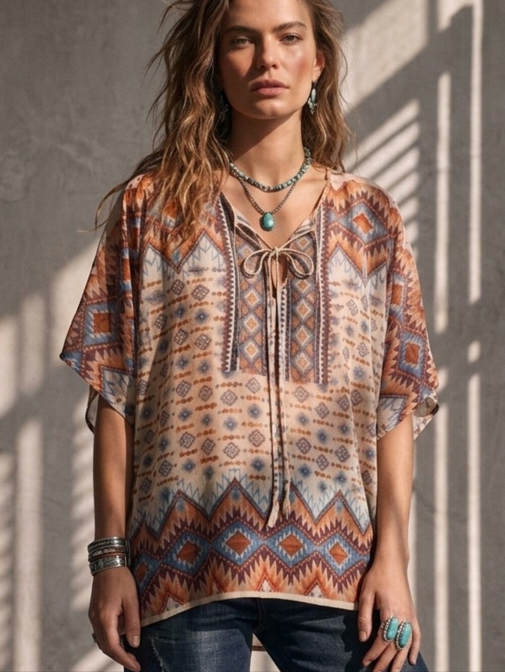 Hannah Boho Aztec Geometric Tunic Top M Southwestern Peasant Festival Kimono